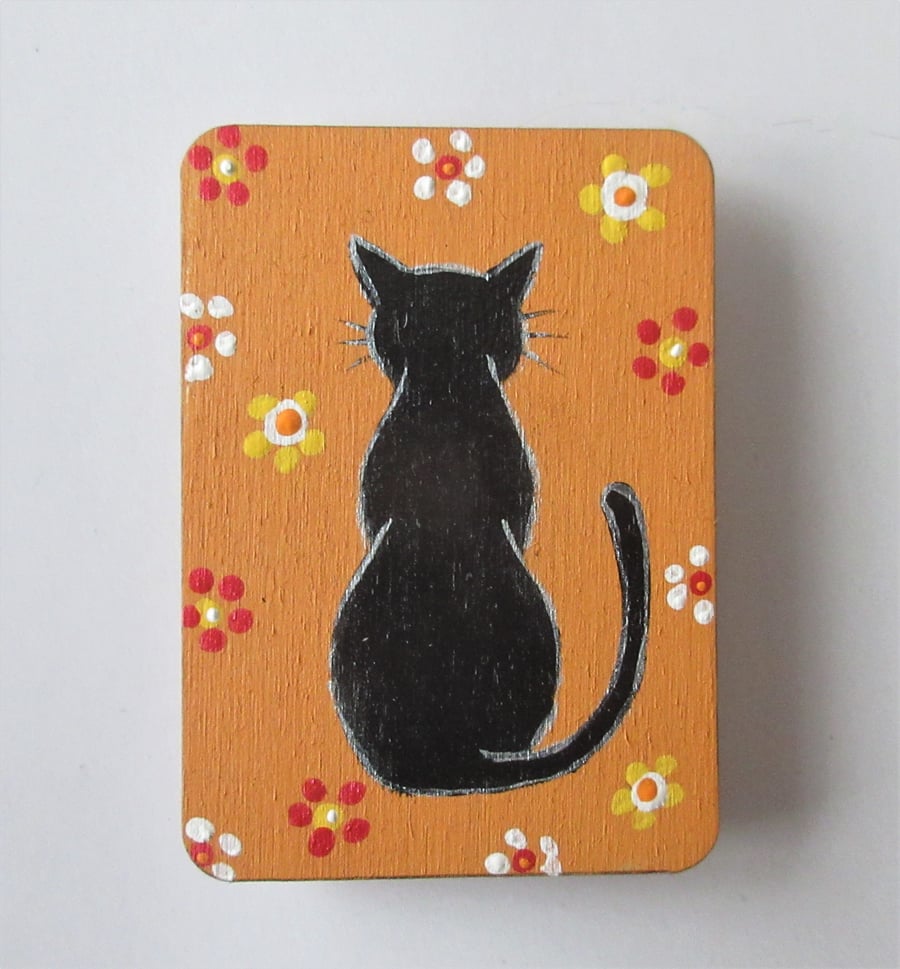 Magnet with Hand Painted Black Cat on Wood