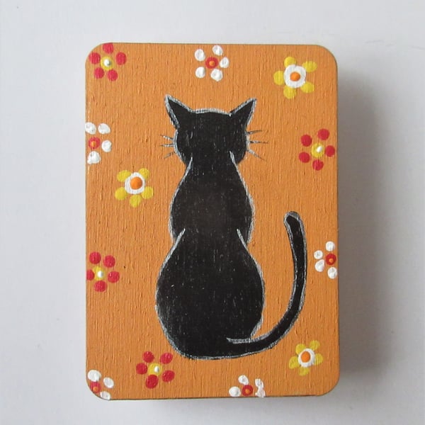 Magnet with Hand Painted Black Cat on Wood