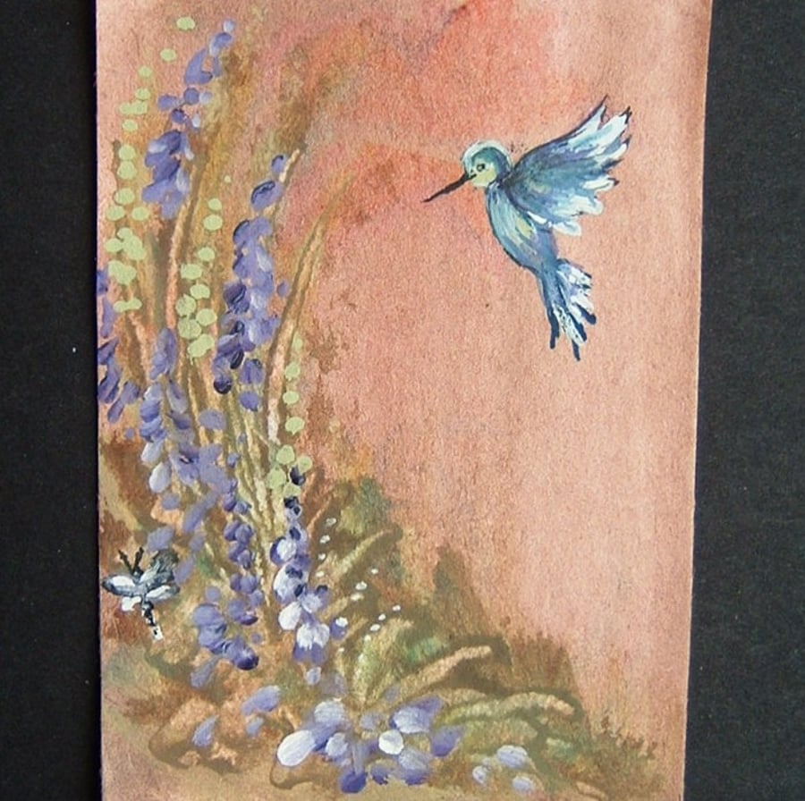 aceo art painting miniature hummingbird floral garden ref 87