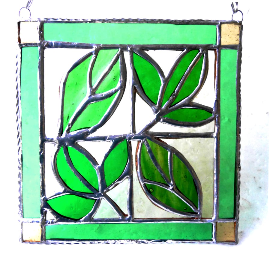 Leaf Tile Suncatcher Stained Glass Spring Green Framed Picture 007
