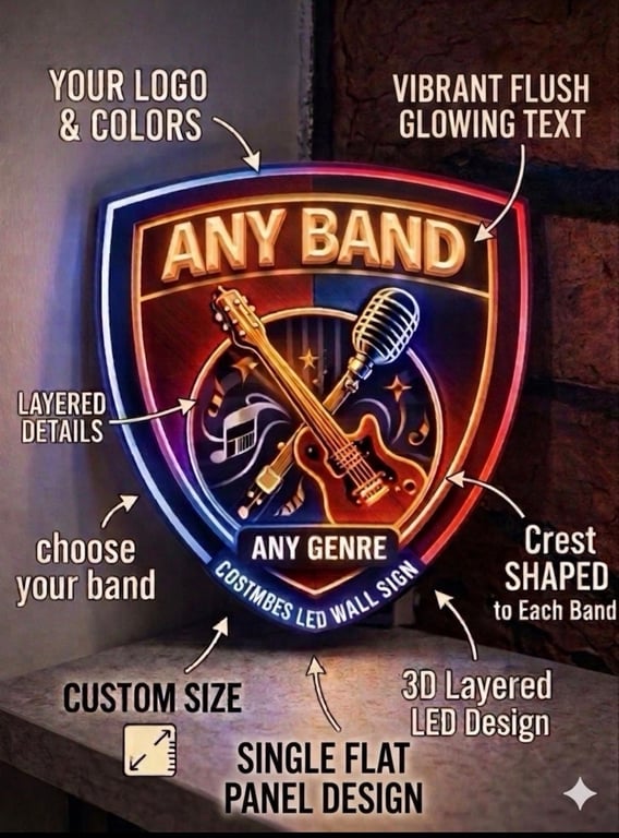 Custom LED Music Logo Wall Sign - Band Crest & Artist 3D Layered Studio Decor