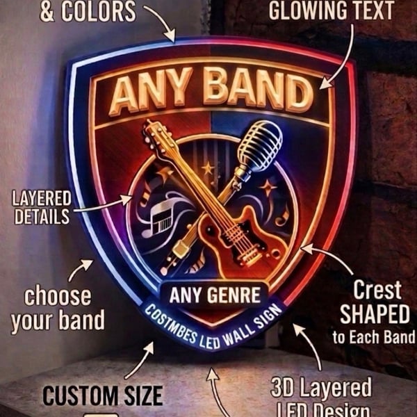 Custom LED Music Logo Wall Sign - Band Crest & Artist 3D Layered Studio Decor