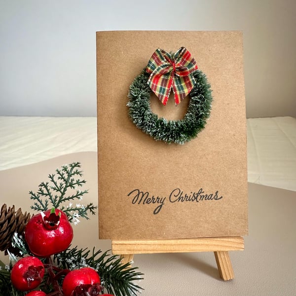 Mini tartan wreath Christmas card handmade winter holiday greeting farmhouse art