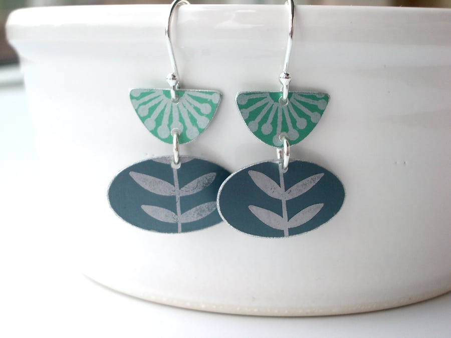 Folk art earrings in green and grey
