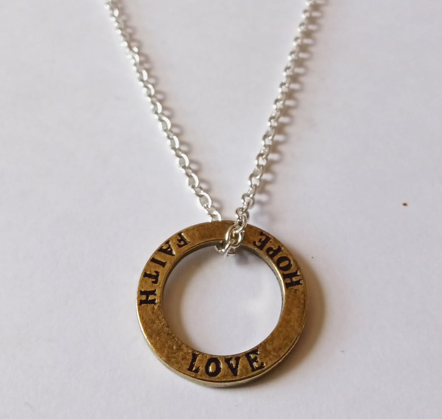 Two Tone Silver Plate Bronze 'Faith Hope Love' Ring Long Necklace 