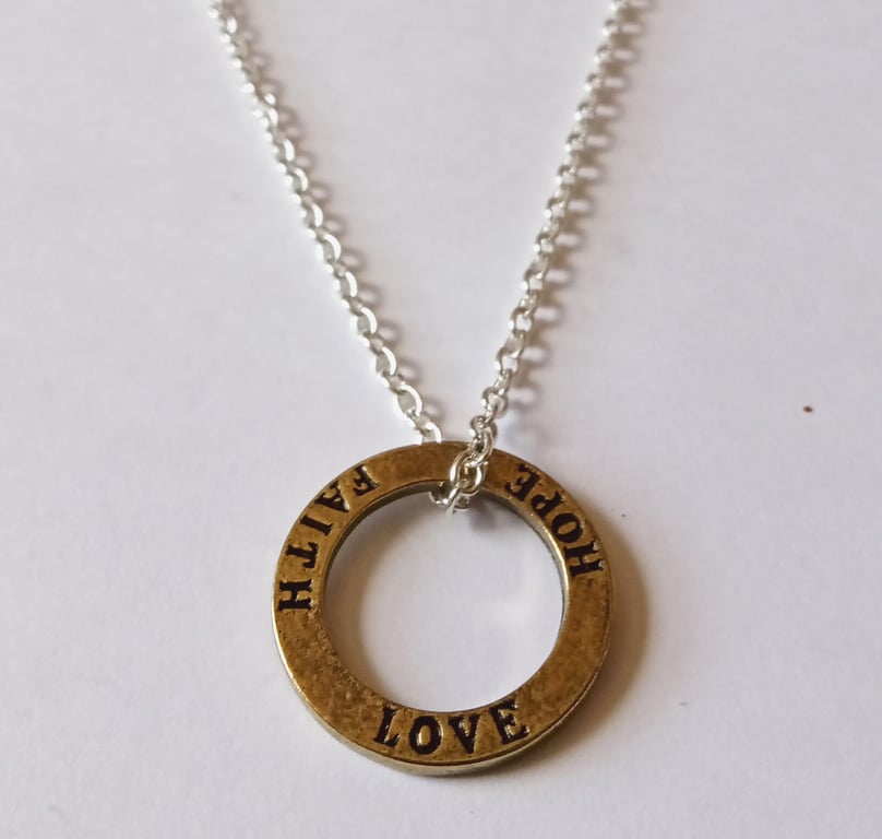 Two Tone Silver Plate Bronze 'Faith Hope Love' Ring Long Necklace 