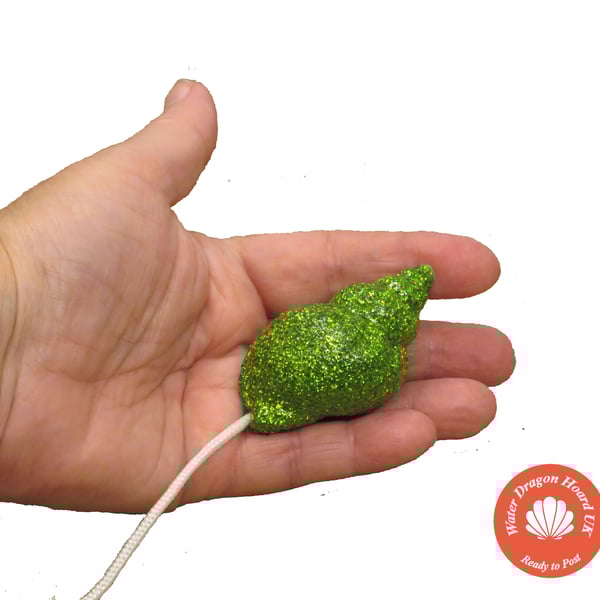 OOAK Nautical-themed light pull handle from beach shell in bright green glitter