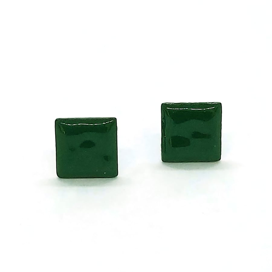 Dark green enamel square stud earrings