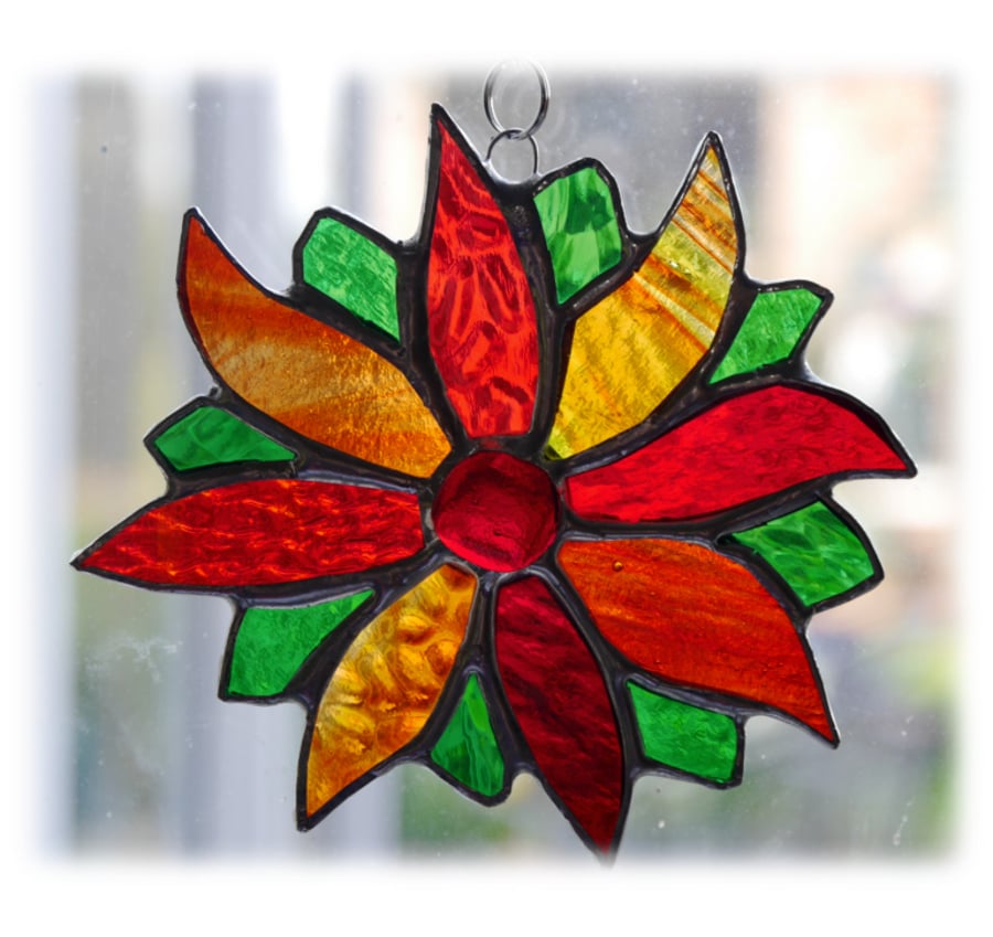 Red Flower Stained Glass Suncatcher Green Bright