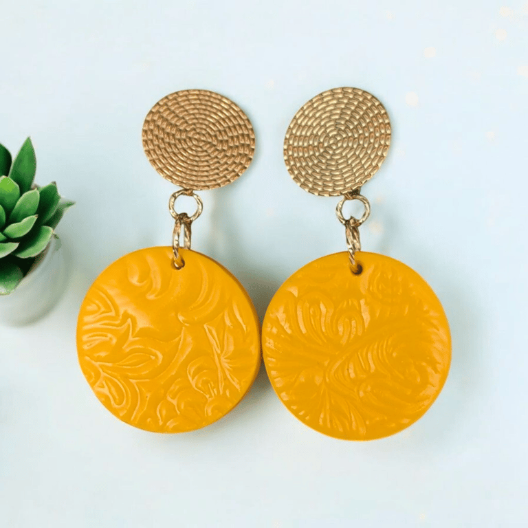Round Yellow flower Textured Handmade polymer clay Earrings