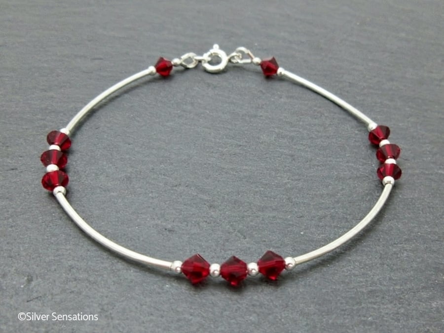 Ruby Red Austrian Crystals & Sterling Silver Curves Elegant Bangle Bracelet