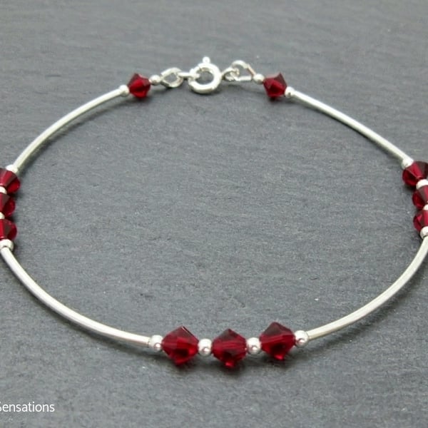 Ruby Red Austrian Crystals & Sterling Silver Curves Elegant Bangle Bracelet
