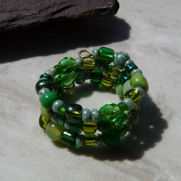 Green Beaded Memory Wire Ring, Boho Festival Ring