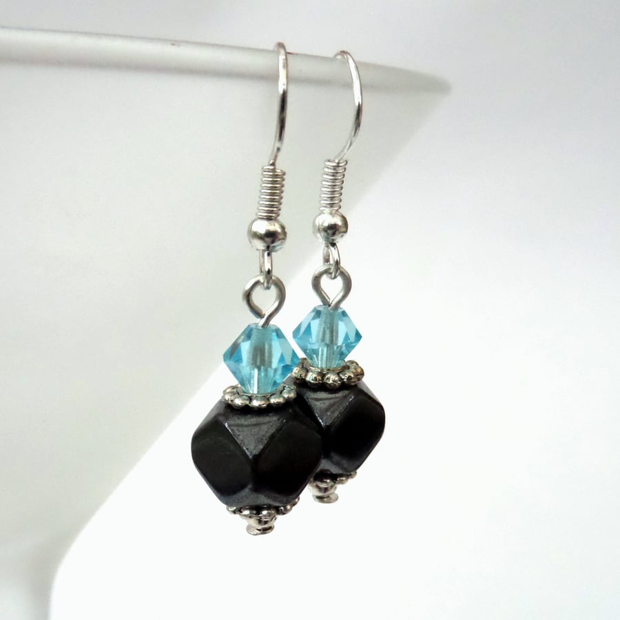 Handmade earrings with hematite and blue crystal