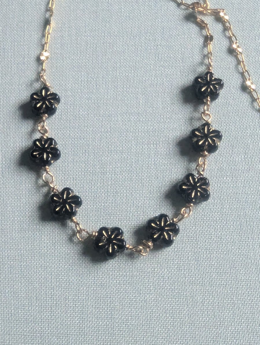 Gold Filled Chain Necklace with Vintage Czech Glass Flower Beads