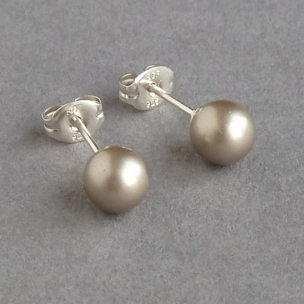 Taupe Post Earrings - Champagne Swarovski Pearl Studs - Beige Bridesmaids Gifts