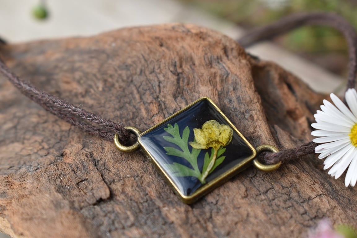 Adjustable Resin Bracelet with Real Sycamore Bud, Waxed Cotton Cord