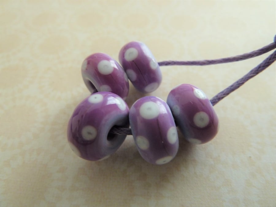 Handmade lampwork glass beads, pink and white spots