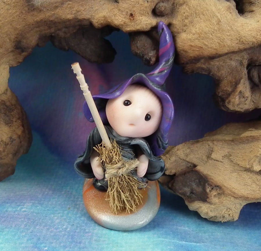 Tiny Witch Gnome 'Hagerty' with broomstick OOAK Sculpt by Ann Galvin Hallowe'en