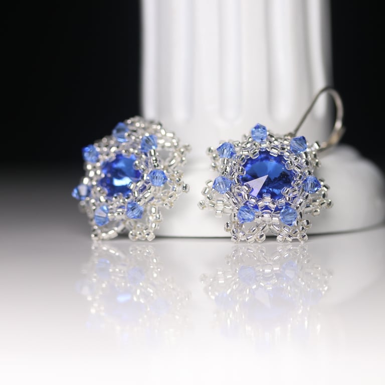 Blue and Silver Beaded Crystal Earrings