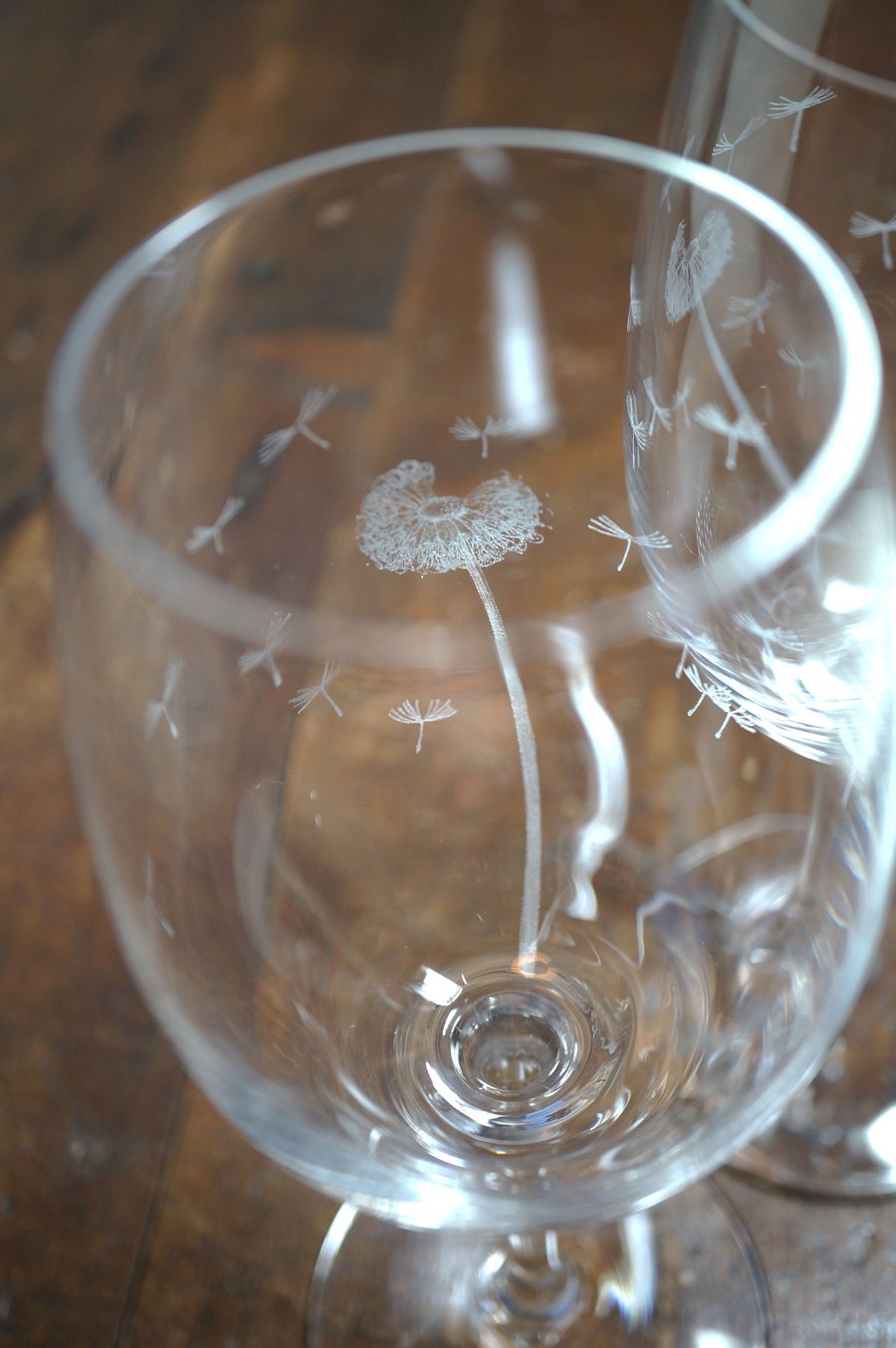 Pair of Hand Engraved Glasses, Dandelions on Crystal Glass