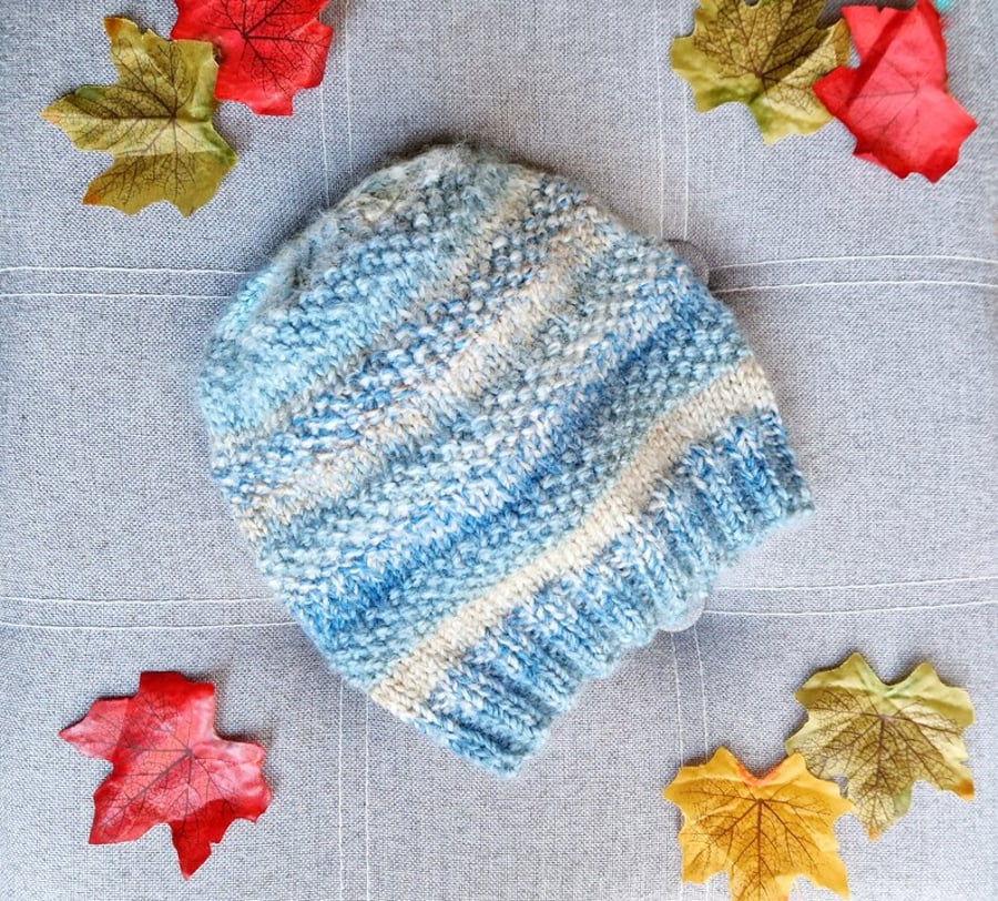 Hand Knitted Striped Blue Beanie Hat