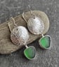 Emerald green seaglass earrings, Silver discs with botanical texture