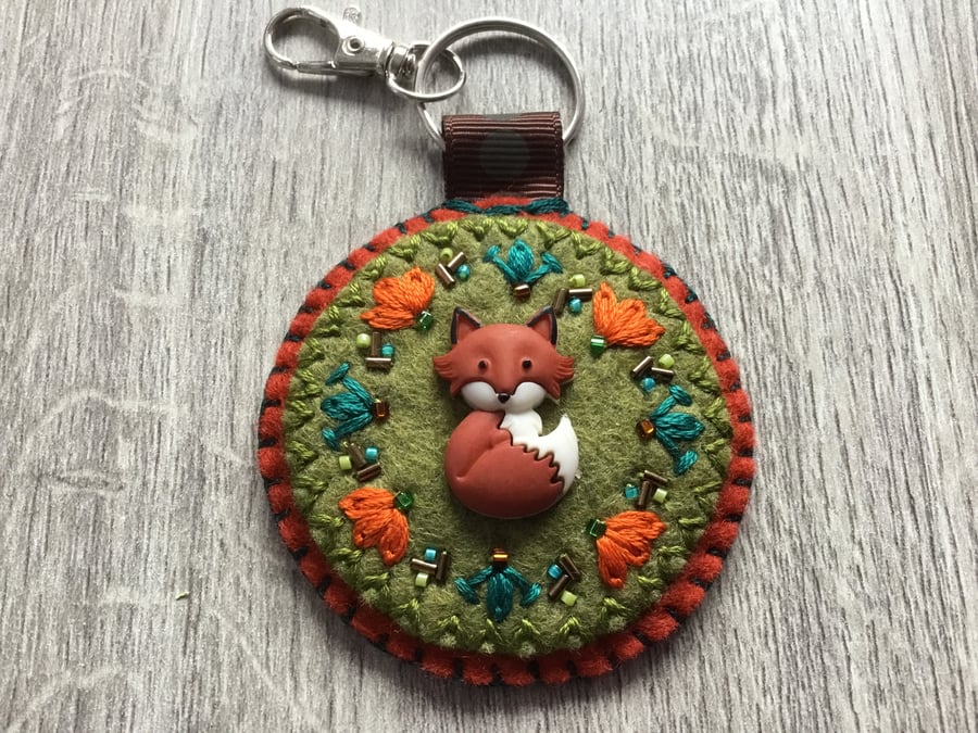 Hand Embroidered Fabulous Fox Keyring or Bag Charm 