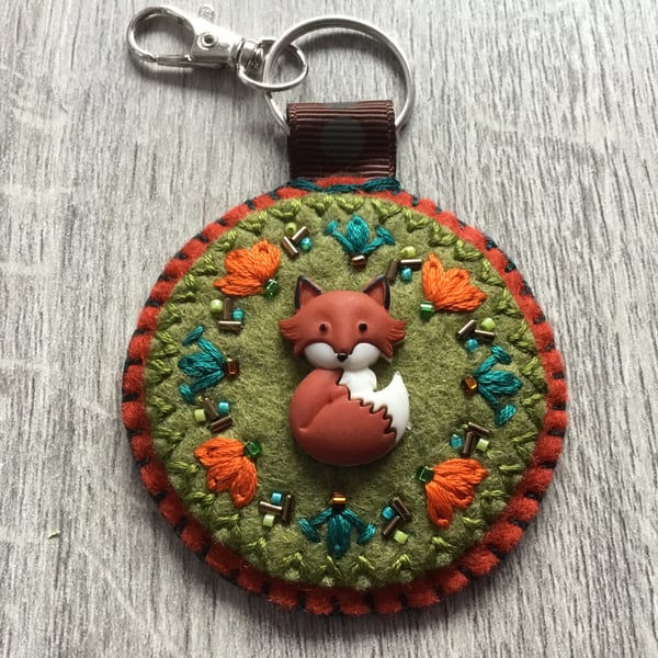 Hand Embroidered Fabulous Fox Keyring or Bag Charm 