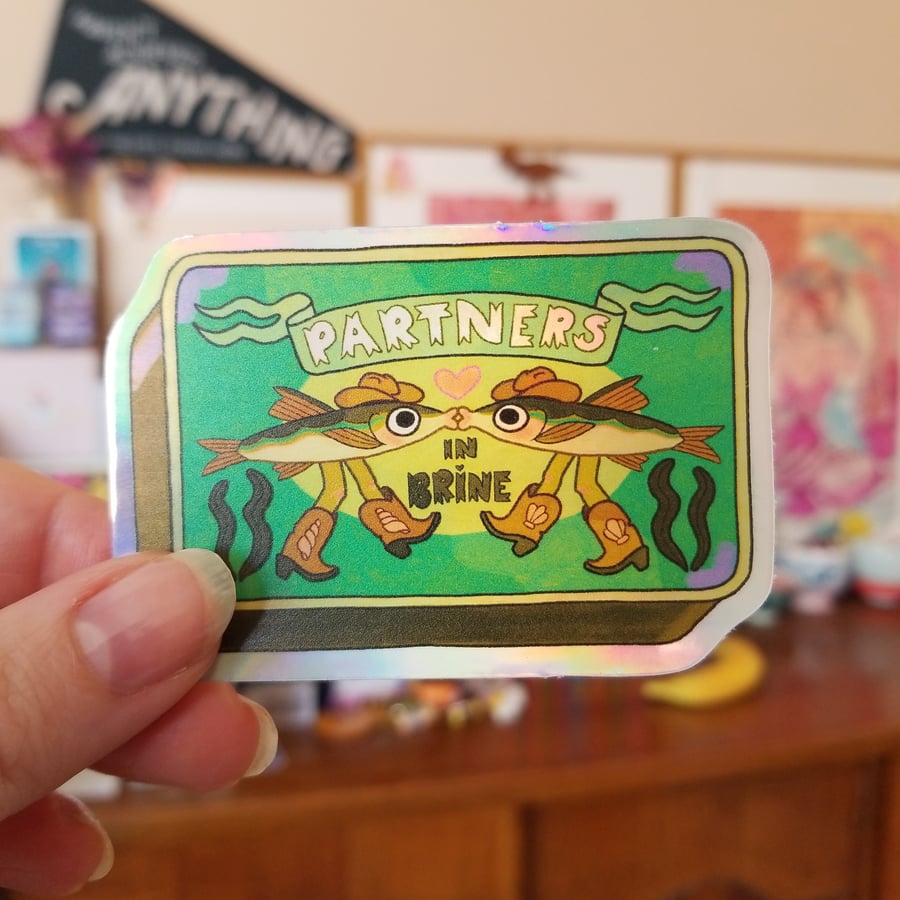 Partners in Brine - cute western sardine tin sticker, LGBTQ Valentine