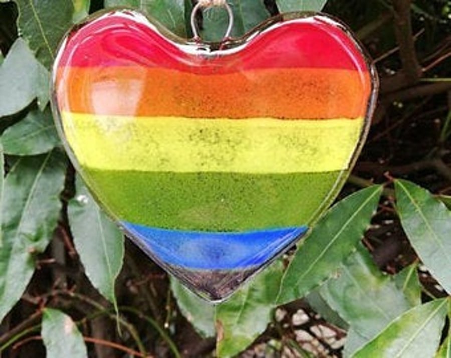 Fused Glass Rainbow Heart Hanger