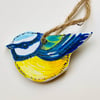 Hanging bird decoration, handmade wooden bluetit, bird lovers gift