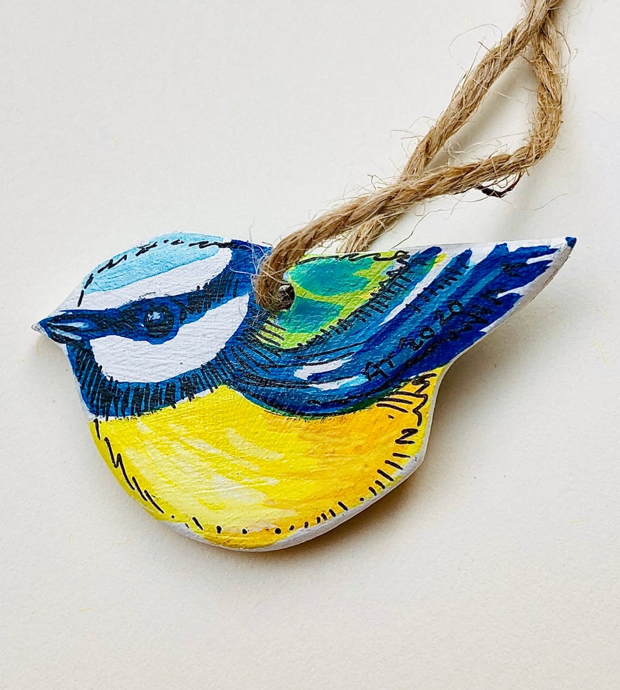 Hanging bird decoration, handmade wooden bluetit, bird lovers gift