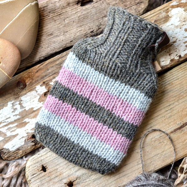 Hand knit hot water bottle cover - Scottish wool - grey pink - camping gift