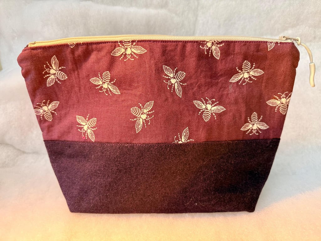 Bees (white on purple) - Large zipped pouch for toiletries, shaving kit, art etc