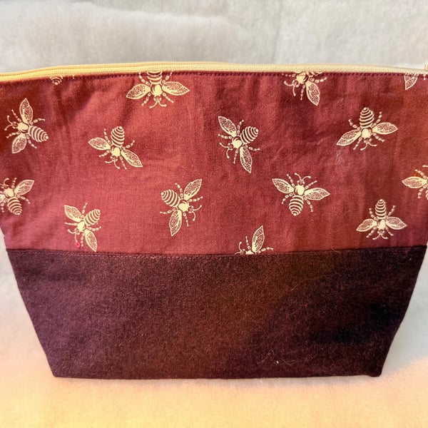 Bees (white on purple) - Large zipped pouch for toiletries, shaving kit, art etc