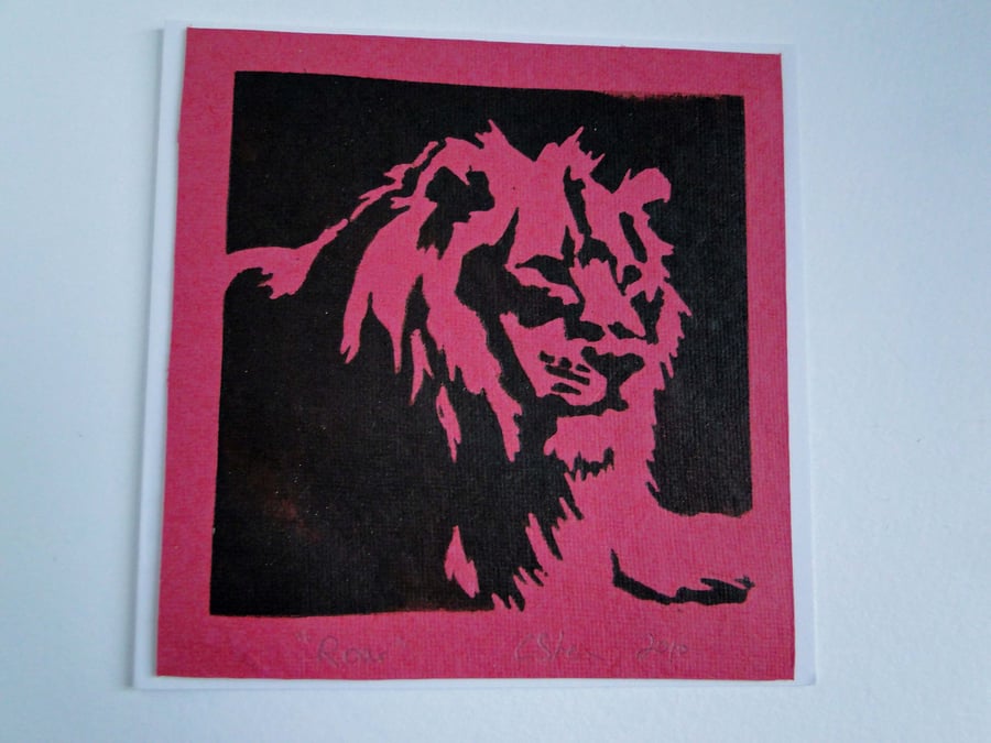 Lion Roar Red Blank Square Lino Printed Greeting Card