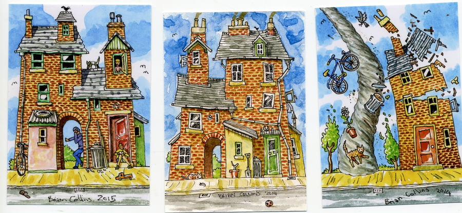 ACEO PRINTS x 3, Crazy Street Series,from Pen & watercolour originals set002