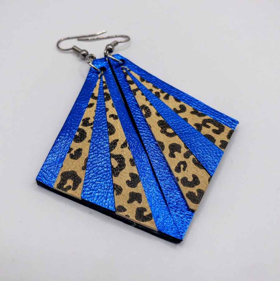 Art Deco inspired leather earrings, metallic blue and leopard print. 