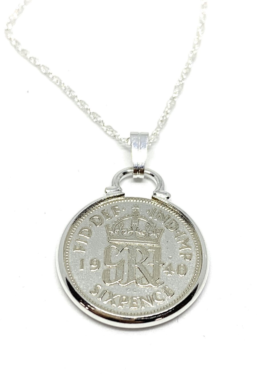 1940 85th Birthday Anniversary sixpence coin pendant plus 18inch SS chain gift 