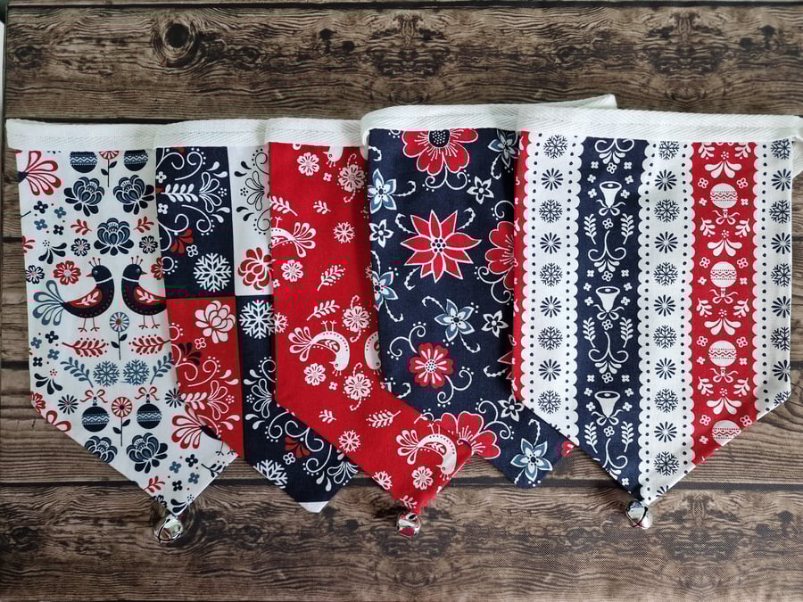 Scandi Christmas Fireplace Bunting - Red & Blue Scandi Fabric design