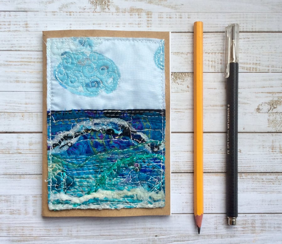A5 embroidered up-cycled seascape sketchbook, journal or scrap book. 