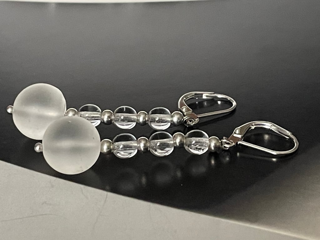 Handcrafted frosted glass and rock crystal gemstones dangling earrings