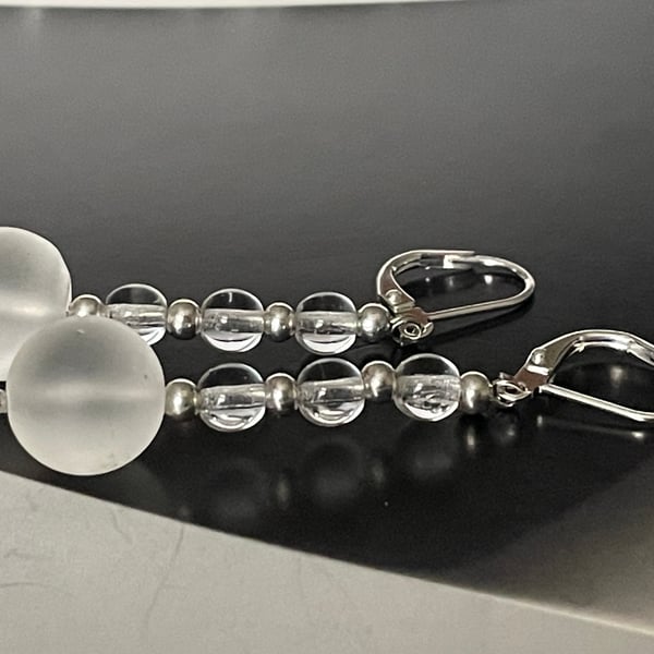 Handcrafted frosted glass and rock crystal gemstones dangling earrings