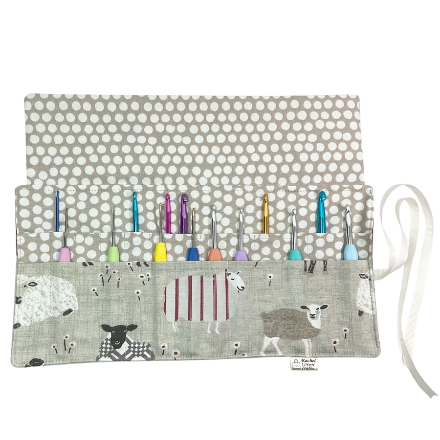 Crochet hook case with red sheep, ergonomic hook organiser, roll up case, Sheep 