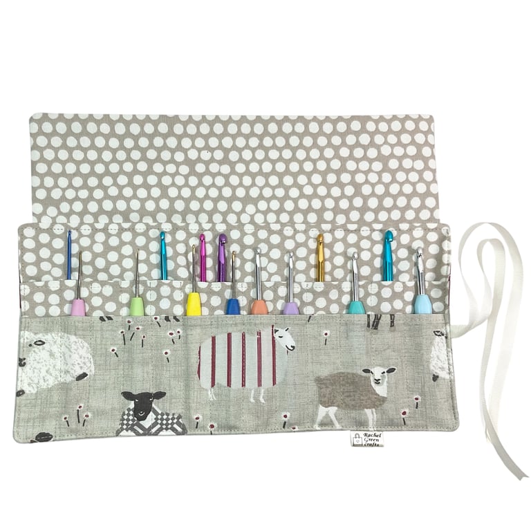 Crochet hook case with red sheep, ergonomic hook organiser, roll up case, Sheep 