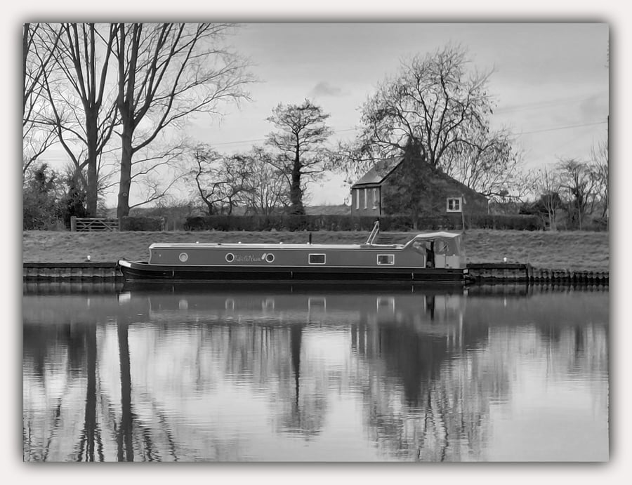 Black & White Canal Boat Greeting Card A5
