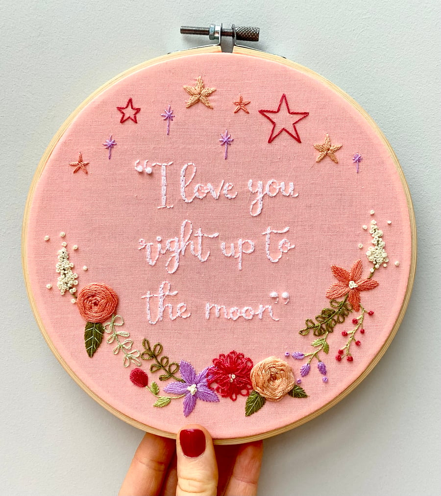 Personalised Quote, Handmade Embroidery Hoop with Star and Flower Wreath