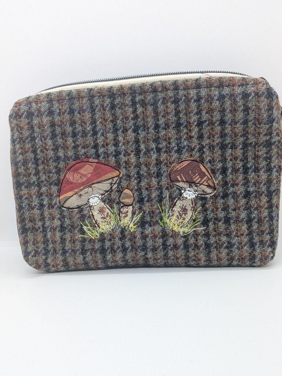 Tweed zipped pouch with sari silk toadstool design
