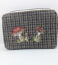 Tweed zipped pouch with sari silk toadstool design